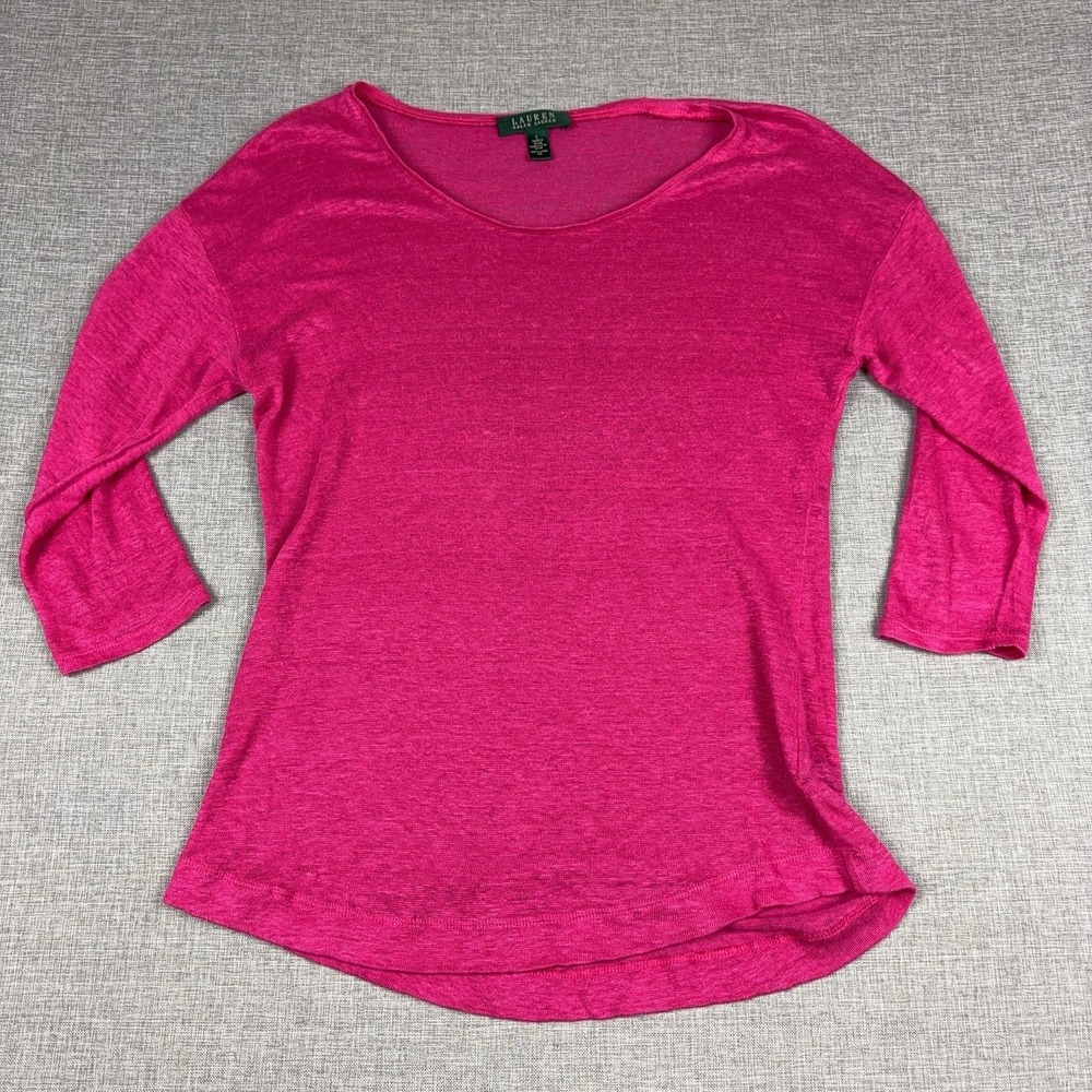 Lauren Ralph Lauren Linen Sweater Womens Large Pink Scoop Neck 3/4 Sleeve